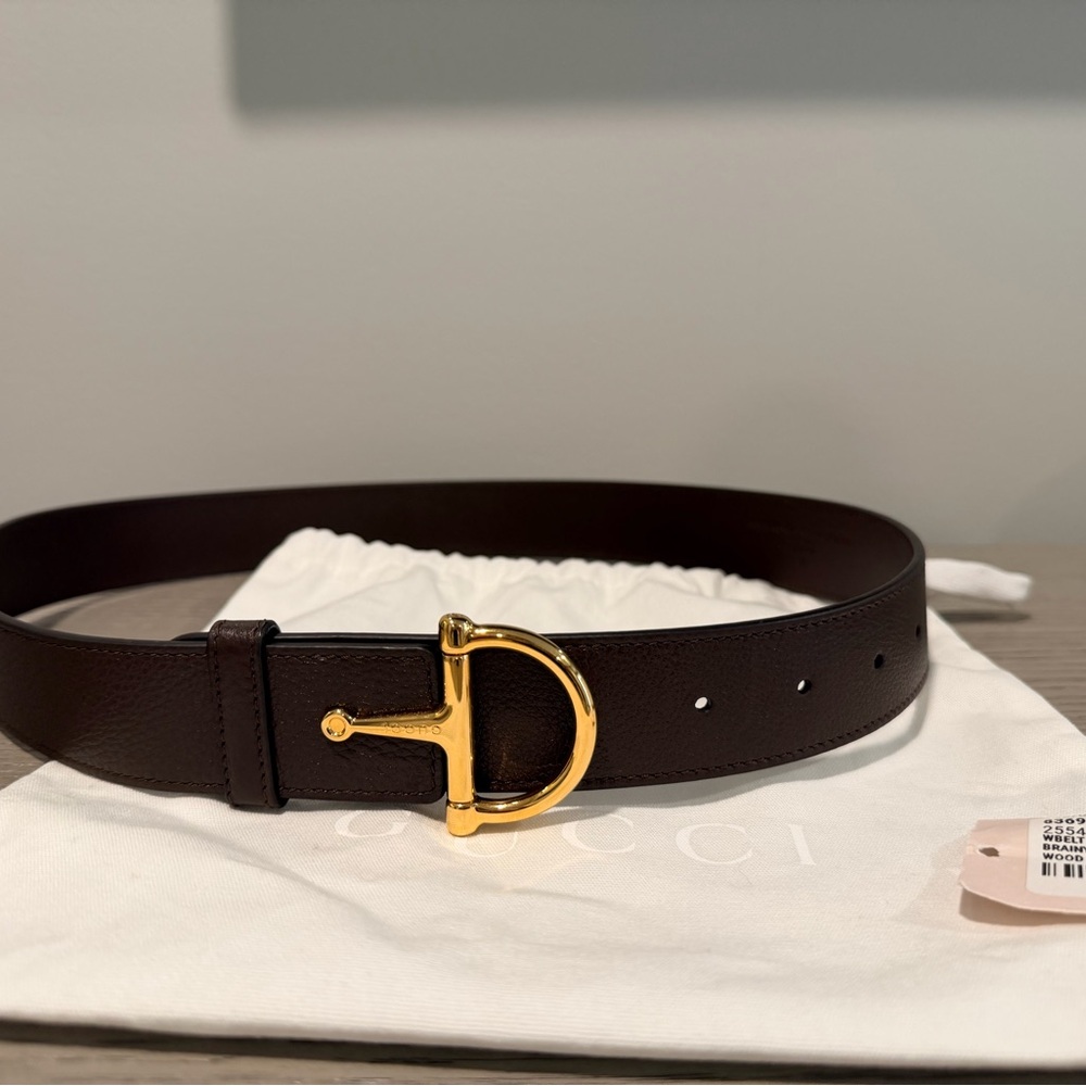 Gucci Dark Brown Leather Belt with Gold Half Horsebit Hardware